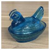 Miniature Teal Blue Pressed Glass Hen on Nest Cove