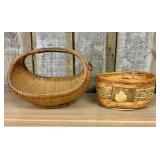 Two Vintage Woven Rattan and Mixed Media Baskets