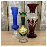 A Trio of Decorative Satin and Enameled Art Glass