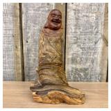 Hand-Carved Cedar Wood Root Happy Buddha Sculpture