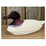 Amethyst Slag and Milk Glass Duck on Nest Covered