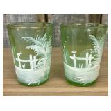 A Pair of Antique Mary Gregory Green Glass Shot Gl