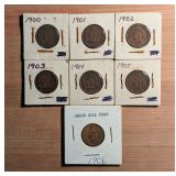 A Collection of Seven US Indian Head Pennies, 1900