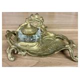 Art Nouveau Cast Brass and Glass Desk Inkstand