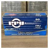 Box of 50 PPU 45 Auto 230 Grain FMJ Ammunition Car