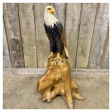 Polychrome Carved Wood Sculpture of a Perched Bald