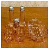 A Collection of Pink Depression Glass Tableware In