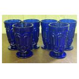 Set of Six Cobalt Blue Pressed Glass Footed Tumble
