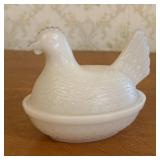 Vintage White Milk Glass Hen on Nest Covered Dish