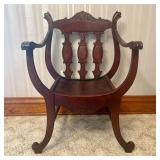 Antique Carved Mahogany Curule Form Armchair with