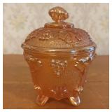 Footed Marigold Carnival Glass Covered Sugar Bowl