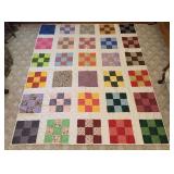 Large Multi-Color Cotton Nine-Patch Machine Quilte