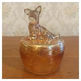 Marigold Carnival Glass Scottish Terrier Lidded Po
