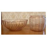 Two Pieces of Pink Ribbed and Swirl Pattern Glassw