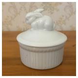 White Glazed Ceramic Lidded Ramekin with Rabbit Fi
