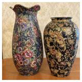 A Pair of Decoupage Floral Vases with Gold Glitter