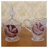 A Pair of Ruby Stained Cut Crystal Bird Motif Suga