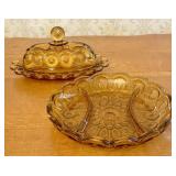Two Amber Pressed Glass Divided and Covered Dishes