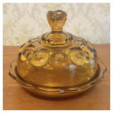 Three Piece Amber Pressed Glass Covered Butter Dis