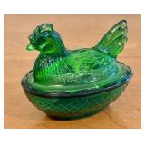 Miniature Pressed Emerald Green Glass Hen on Nest