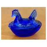 Cobalt Blue Pressed Glass Miniature Hen on a Nest