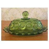 Pressed Green Glass Covered Butter Dish in Moon an