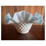 Blue Crested White Milk Glass Hobnail Ruffled Bowl