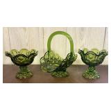 A Trio of Avocado Green Pressed Glass Tableware in