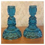 A Pair of Blue Pressed Glass Moon and Star Candles