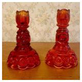 A Pair of Amberina Glass Moon and Star Candlestick