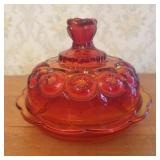 Amberina Moon and Star Glass Covered Butter Dish