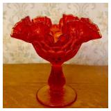 Vintage Amberina Glass Ruffled Thumbprint Pedestal