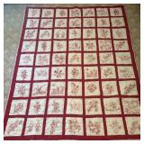 Large Handmade Redwork Embroidery Quilt with Flora