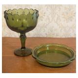 A Two Piece Lot of Olive Green Pressed Glass Pedes