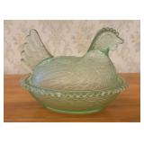 Vintage Translucent Green Pressed Glass Hen on Nes