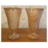 A Pair of Marigold Carnival Glass Footed Vases in