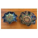 Two American Iridescent Carnival Glass Ruffled Flo