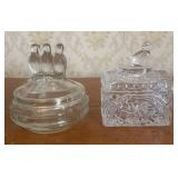 Two Clear Pressed Glass Bird Motif Trinket Boxes