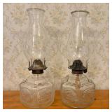 Pair of Clear Pressed Glass Table Oil Lamps with S