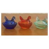 Three Miniature Pressed Glass Hen on Nest Covered