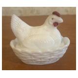 Miniature Opaque White Milk Glass Hen on Nest Cove