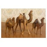 A Trio of Graduated Hand Carved Olive Wood Camel F