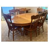 Solid Oak Pedestal Dining Table and Set of Six Pre