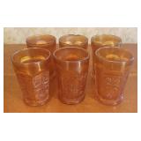 A Set of Six Marigold Carnival Glass Butterfly and