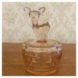 Pink Pressed Glass Covered Powder Jar with Deer Fi