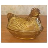 Amber Pressed Glass Hen on Nest Covered Dish