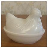 Small White Milk Glass Hen on Nest Covered Dish wi