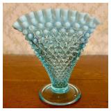 Vintage Blue Opalescent Hobnail Glass Fan Vase
