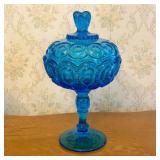Vintage Blue Pressed Glass Moon and Star Pattern L