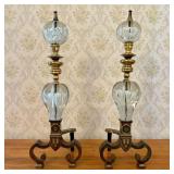Pair of Brass and Glass Floral Paperweight Andiron